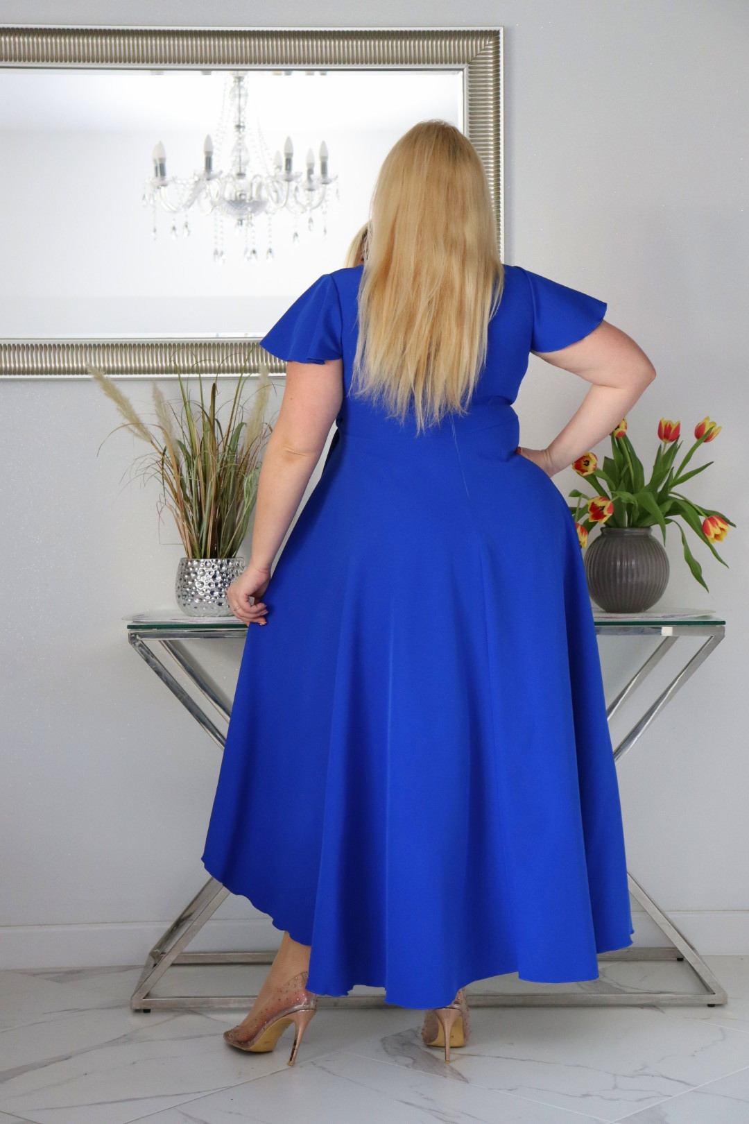 Sukienka Soraja asymetryczna rozkloszowana ekskluzywna kopertowy dekolt chabrowa WYPRZEDAŻ ! - obrazek 5