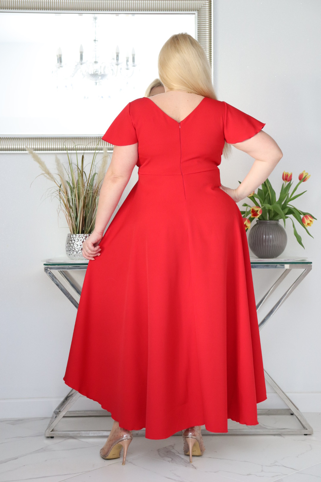 Sukienka Soraja asymetryczna rozkloszowana ekskluzywna kopertowy dekolt czerwona WYPRZEDAŻ ! - obrazek 6