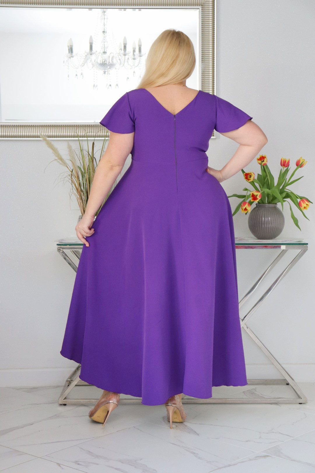 Sukienka Soraja asymetryczna rozkloszowana ekskluzywna kopertowy dekolt fioletowa WYPRZEDAŻ ! - obrazek 6