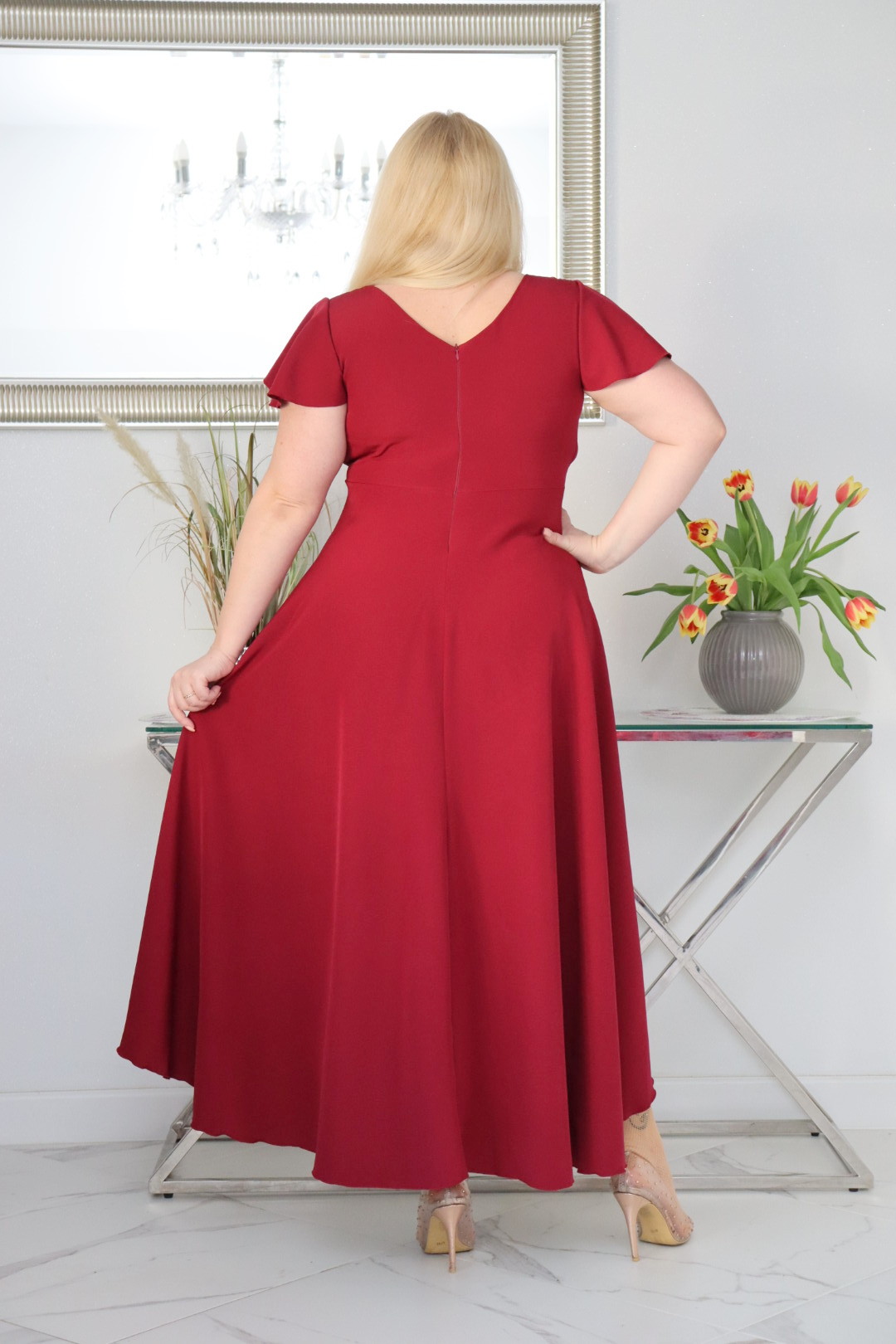 Sukienka Soraja asymetryczna rozkloszowana ekskluzywna kopertowy dekolt bordowa WYPRZEDAŻ ! - obrazek 6