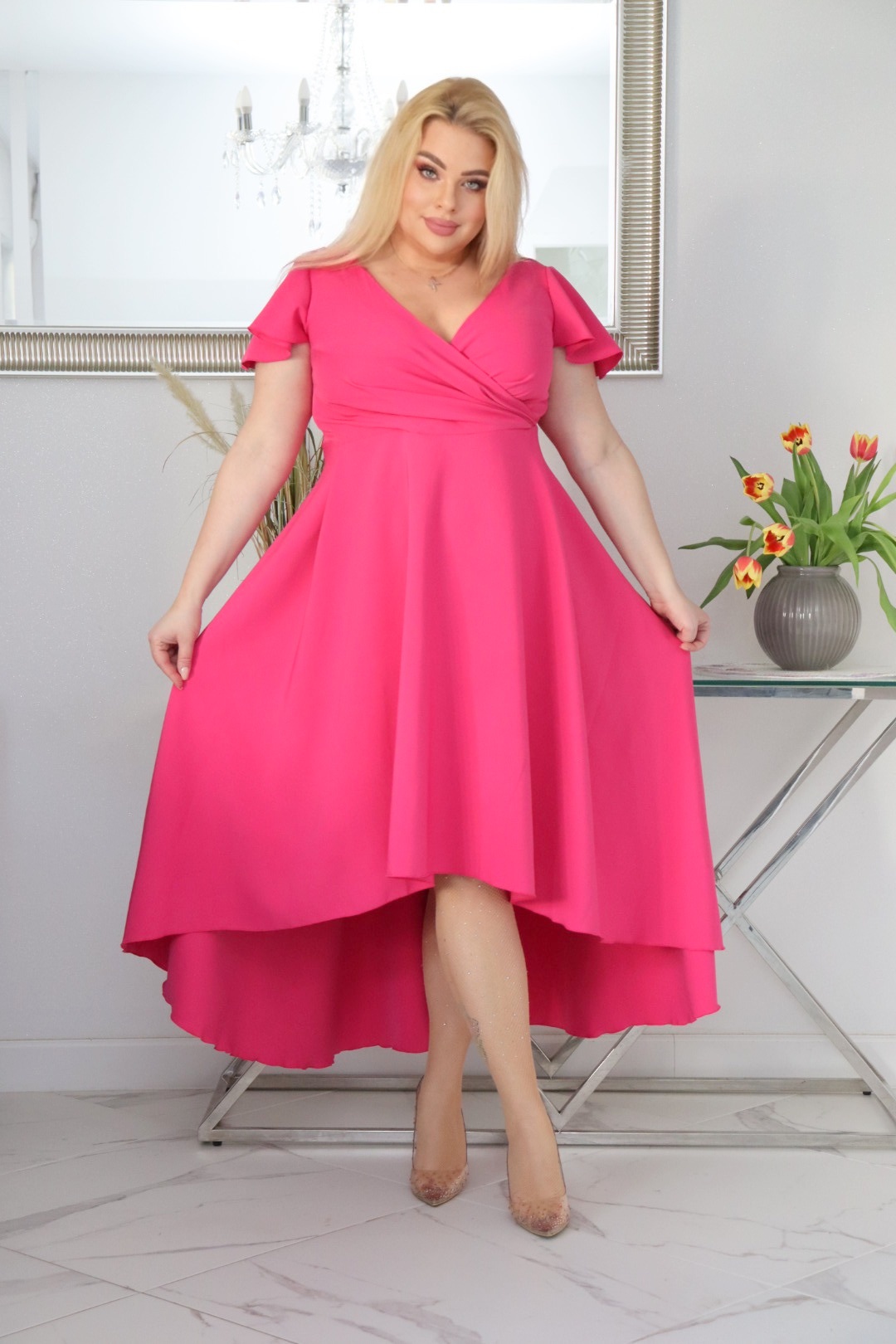 Sukienka Soraja asymetryczna rozkloszowana ekskluzywna kopertowy dekolt amarant WYPRZEDAŻ - obrazek 3