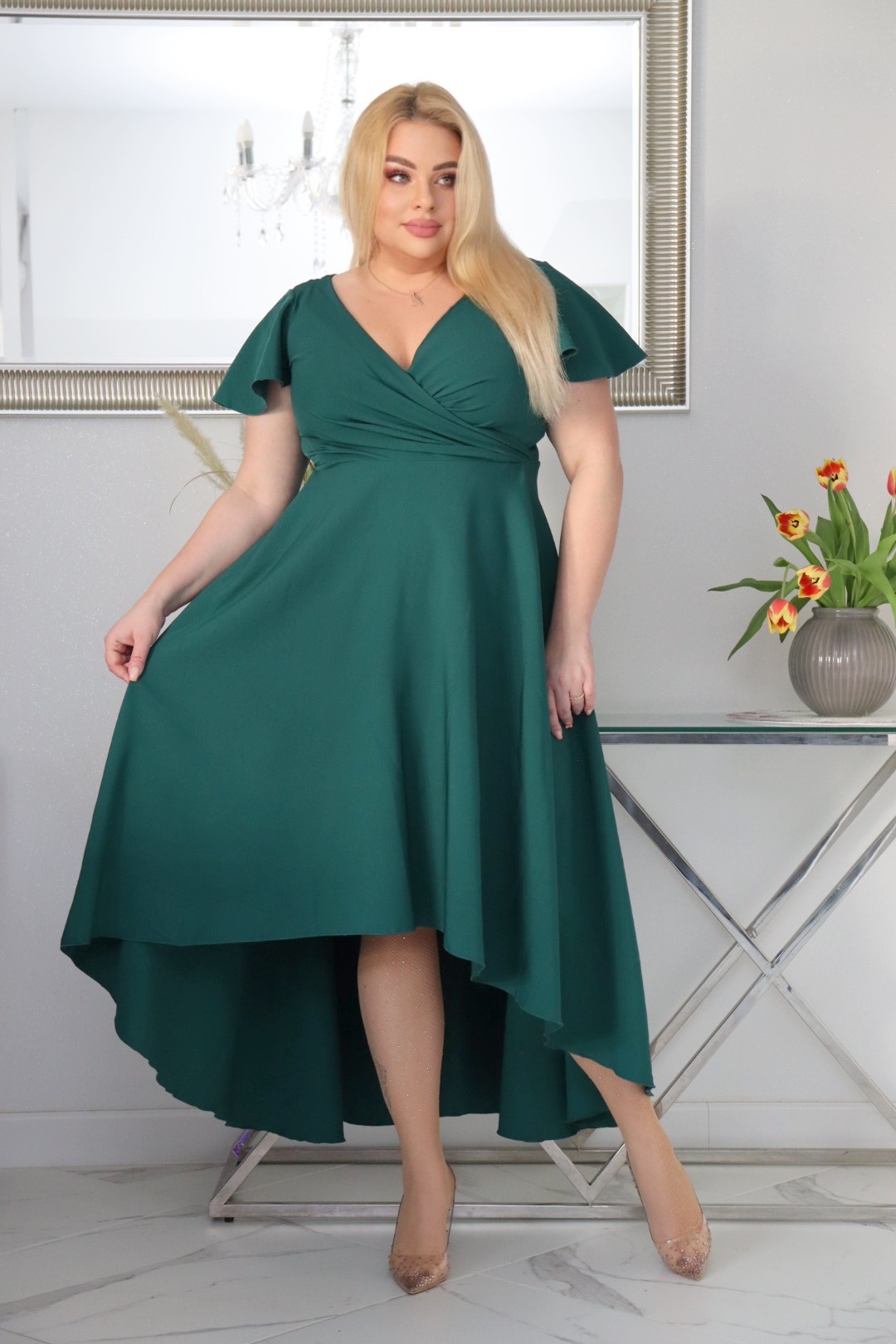 Sukienka Soraja asymetryczna rozkloszowana ekskluzywna kopertowy dekolt butelkowa zieleń WYPRZEDAŻ !