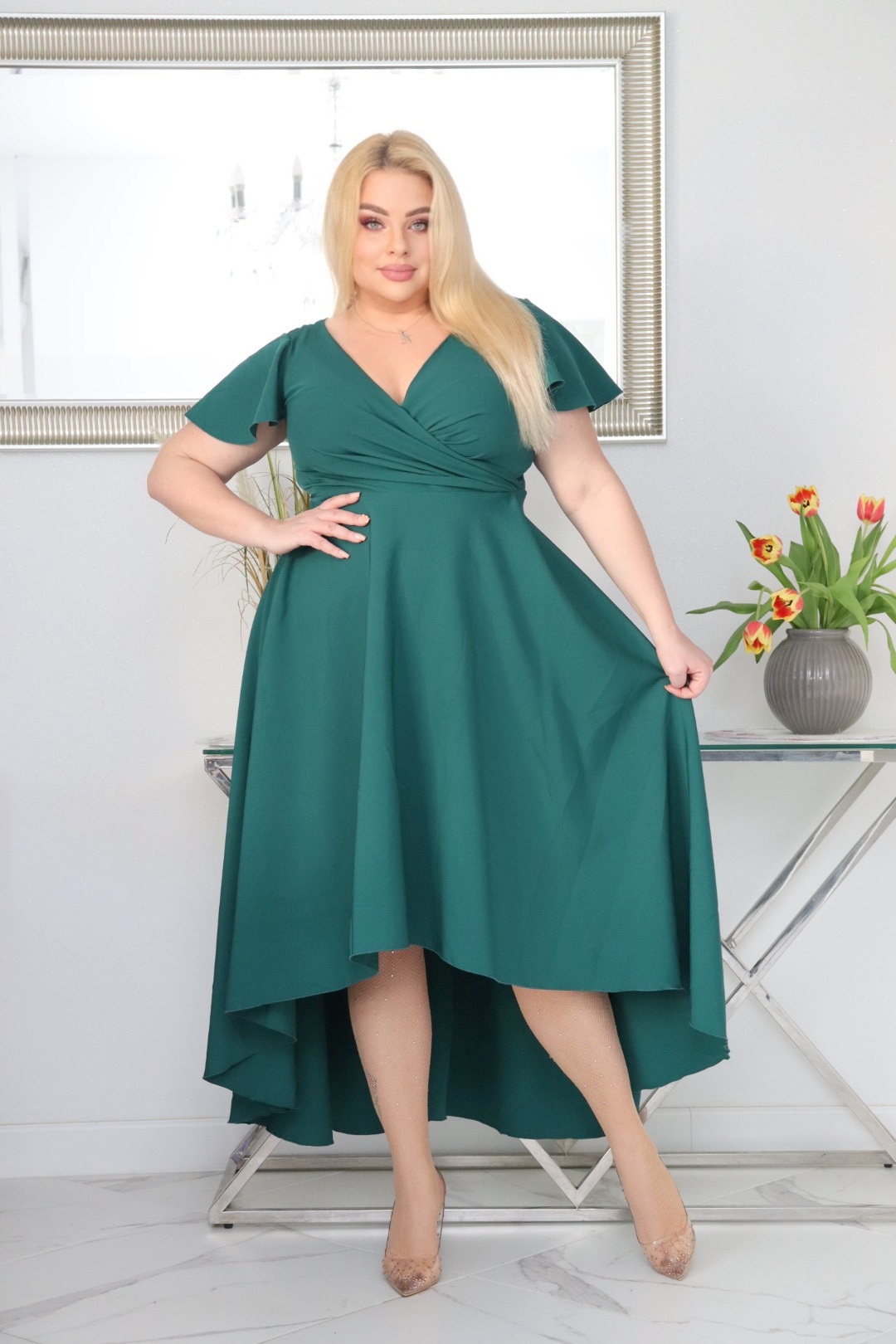 Sukienka Soraja asymetryczna rozkloszowana ekskluzywna kopertowy dekolt butelkowa zieleń WYPRZEDAŻ ! - obrazek 4