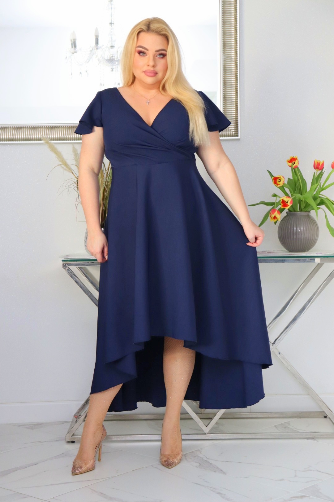 Sukienka Soraja asymetryczna rozkloszowana ekskluzywna kopertowy dekolt granatowa WYPRZEDAŻ !