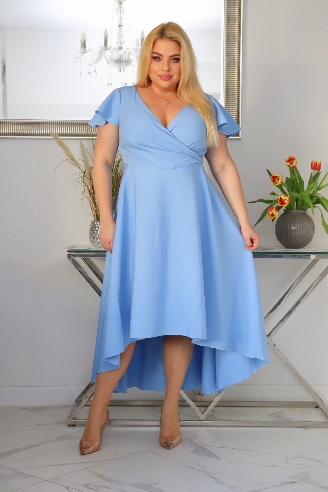 Sukienka Soraja asymetryczna rozkloszowana ekskluzywna kopertowy dekolt błękitna WYPRZEDAŻ !