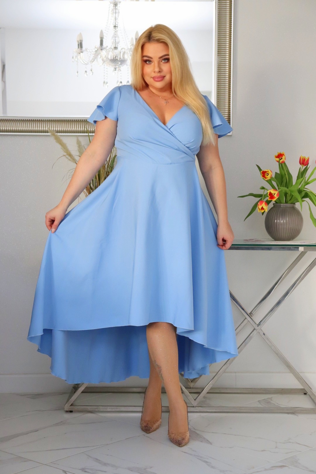 Sukienka Soraja asymetryczna rozkloszowana ekskluzywna kopertowy dekolt błękitna WYPRZEDAŻ ! - obrazek 3