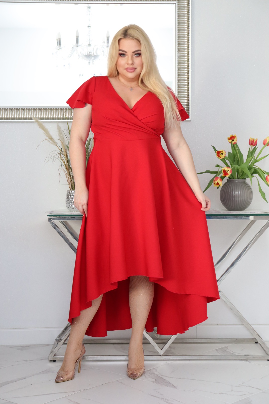 Sukienka Soraja asymetryczna rozkloszowana ekskluzywna kopertowy dekolt czerwona WYPRZEDAŻ !