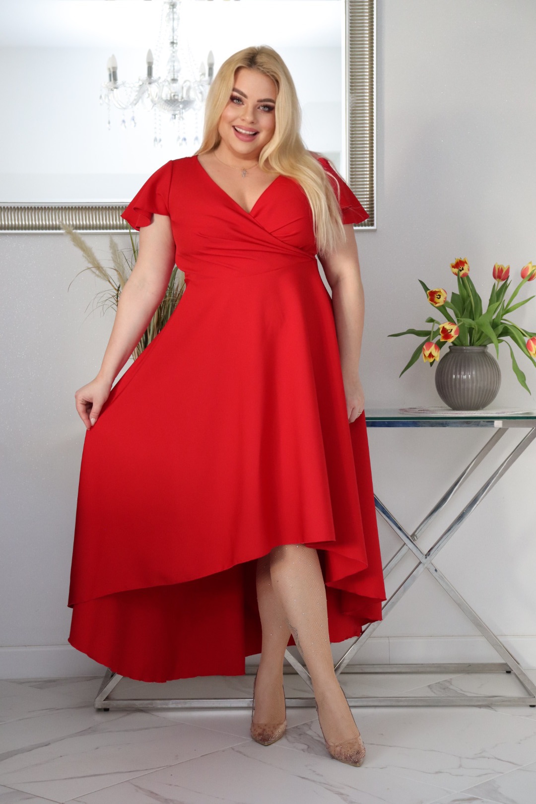 Sukienka Soraja asymetryczna rozkloszowana ekskluzywna kopertowy dekolt czerwona WYPRZEDAŻ ! - obrazek 3