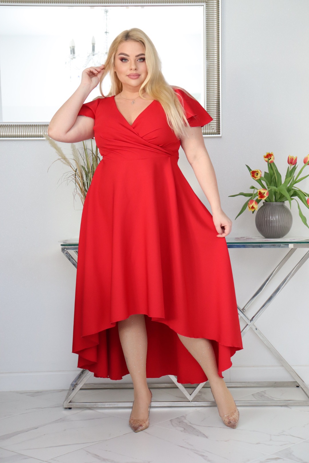 Sukienka Soraja asymetryczna rozkloszowana ekskluzywna kopertowy dekolt czerwona WYPRZEDAŻ ! - obrazek 4