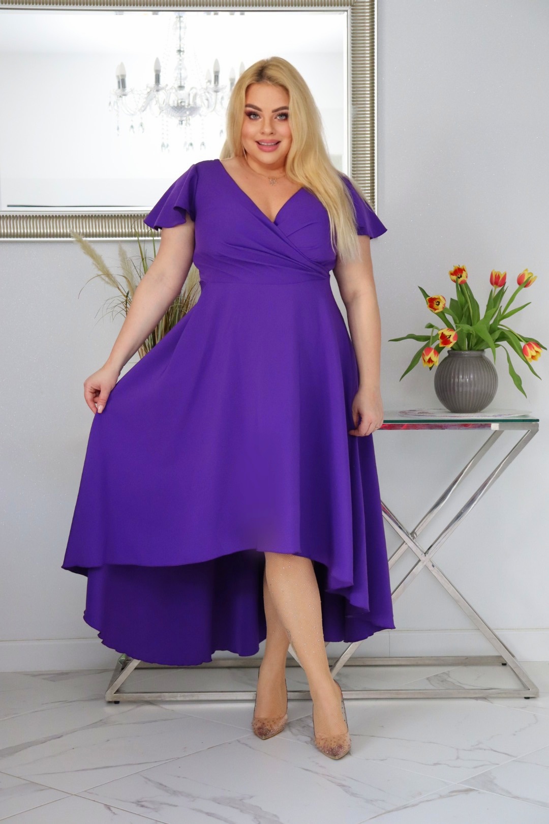 Sukienka Soraja asymetryczna rozkloszowana ekskluzywna kopertowy dekolt fioletowa WYPRZEDAŻ ! - obrazek 4