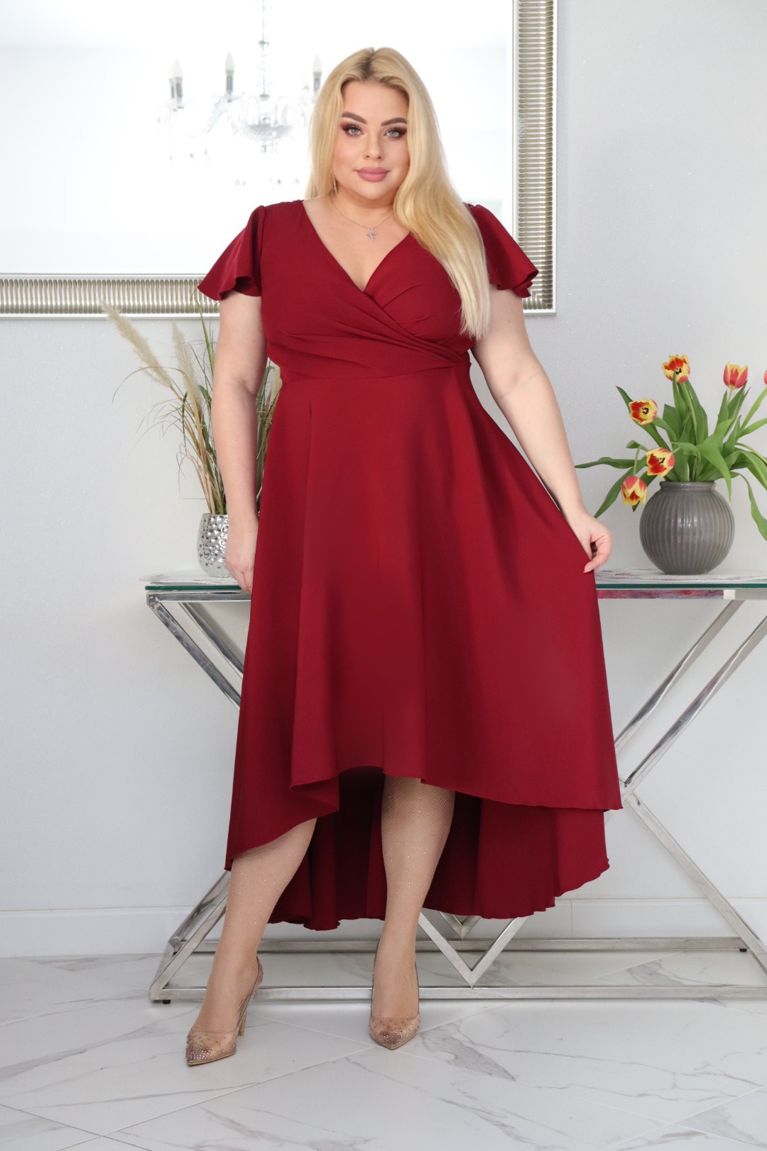 Sukienka Soraja asymetryczna rozkloszowana ekskluzywna kopertowy dekolt bordowa WYPRZEDAŻ ! - obrazek 3