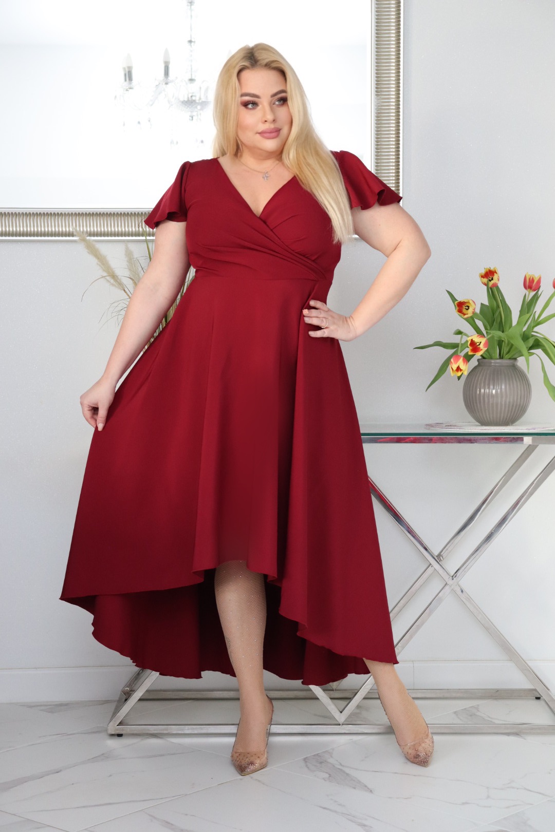 Sukienka Soraja asymetryczna rozkloszowana ekskluzywna kopertowy dekolt bordowa WYPRZEDAŻ !