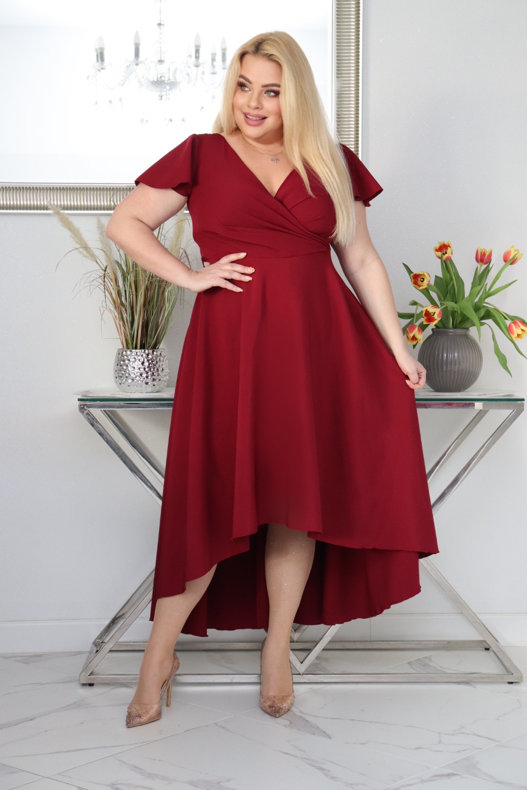 Sukienka Soraja asymetryczna rozkloszowana ekskluzywna kopertowy dekolt bordowa WYPRZEDAŻ ! - obrazek 5