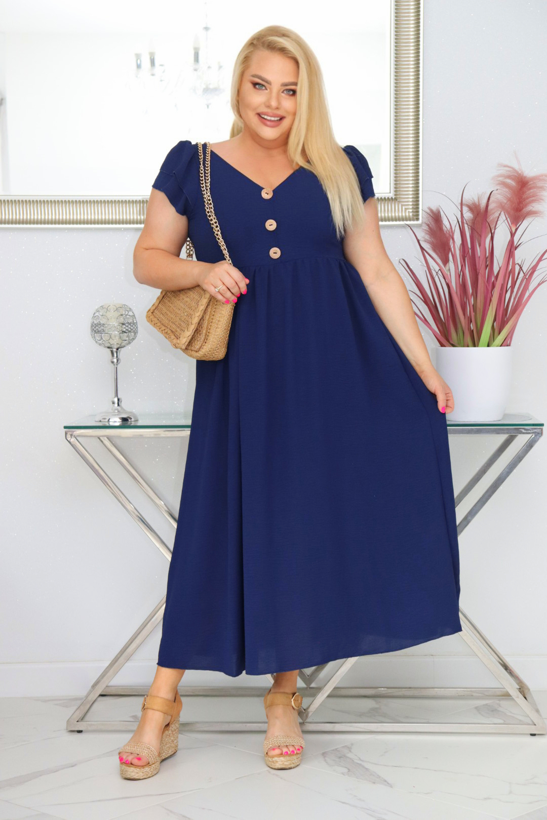 Sukienka ESTERA trapezowa 100% wiskoza GRANATOWA NATURALNY SKŁAD - obrazek 3