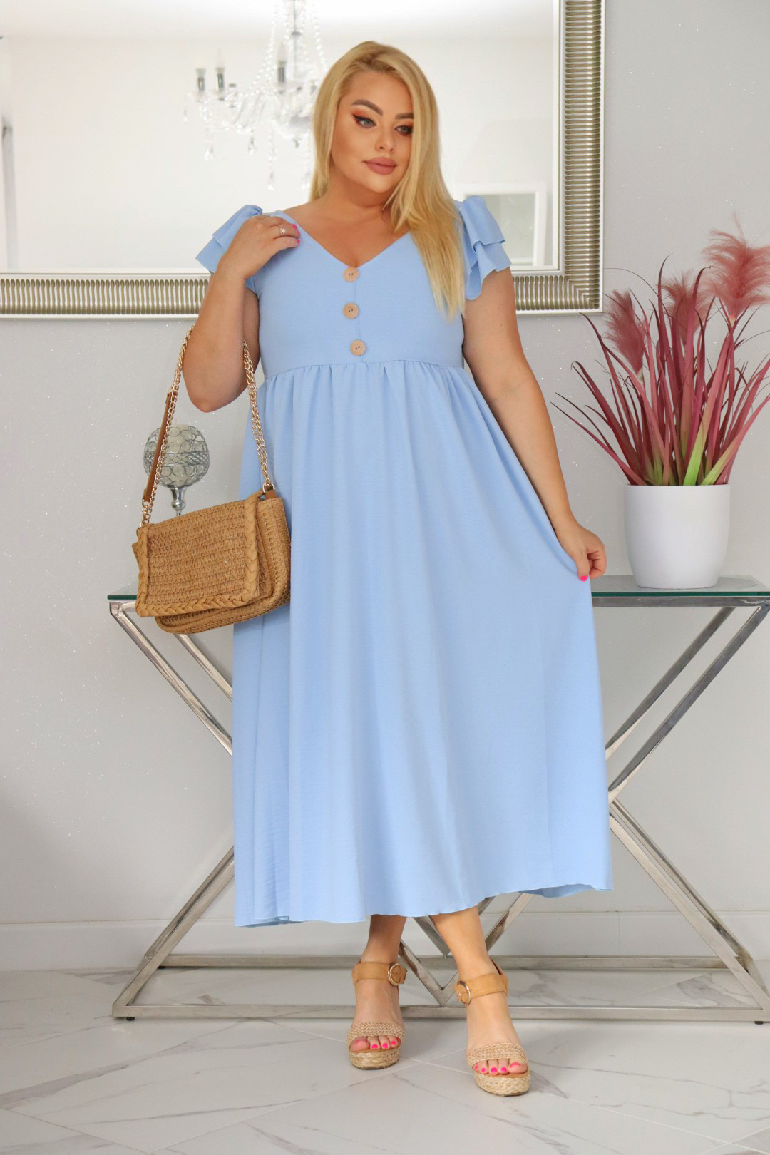 Sukienka ESTERA trapezowa 100% wiskoza BŁĘKITNA NATURALNY SKŁAD
