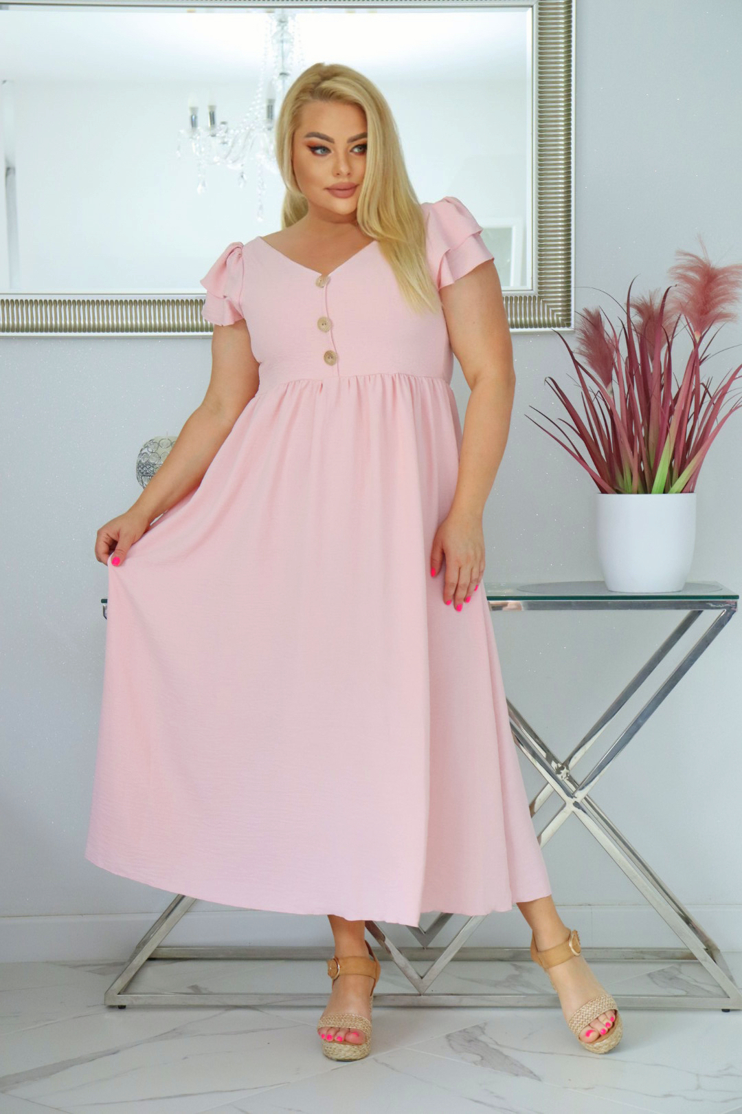 Sukienka ESTERA trapezowa 100% wiskoza PUDROWY RÓŻ NATURALNY SKŁAD - obrazek 3