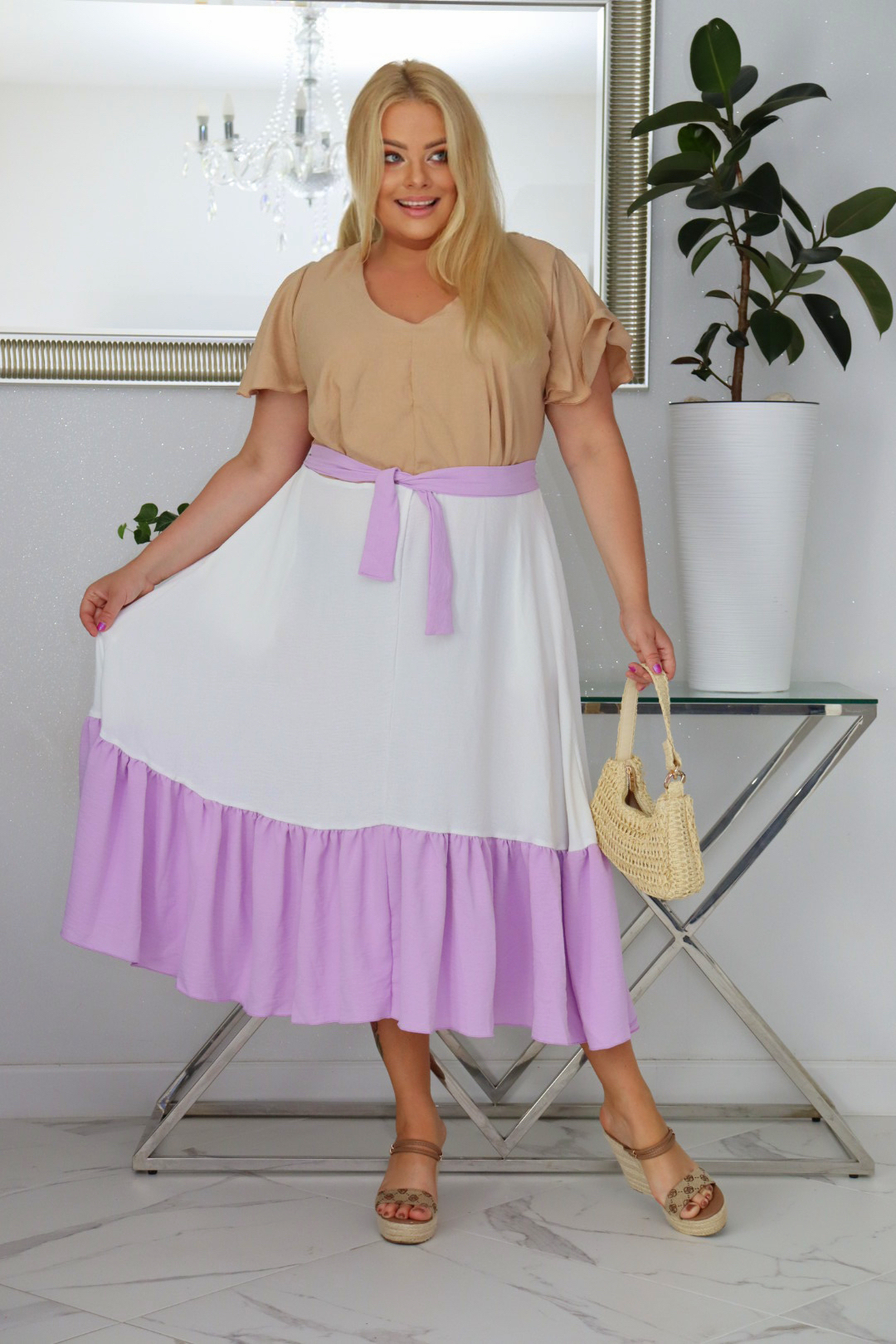 Sukienka DILETA 100% wiskoza NUDE+ECRU+LILIA NATURALNY SKŁAD