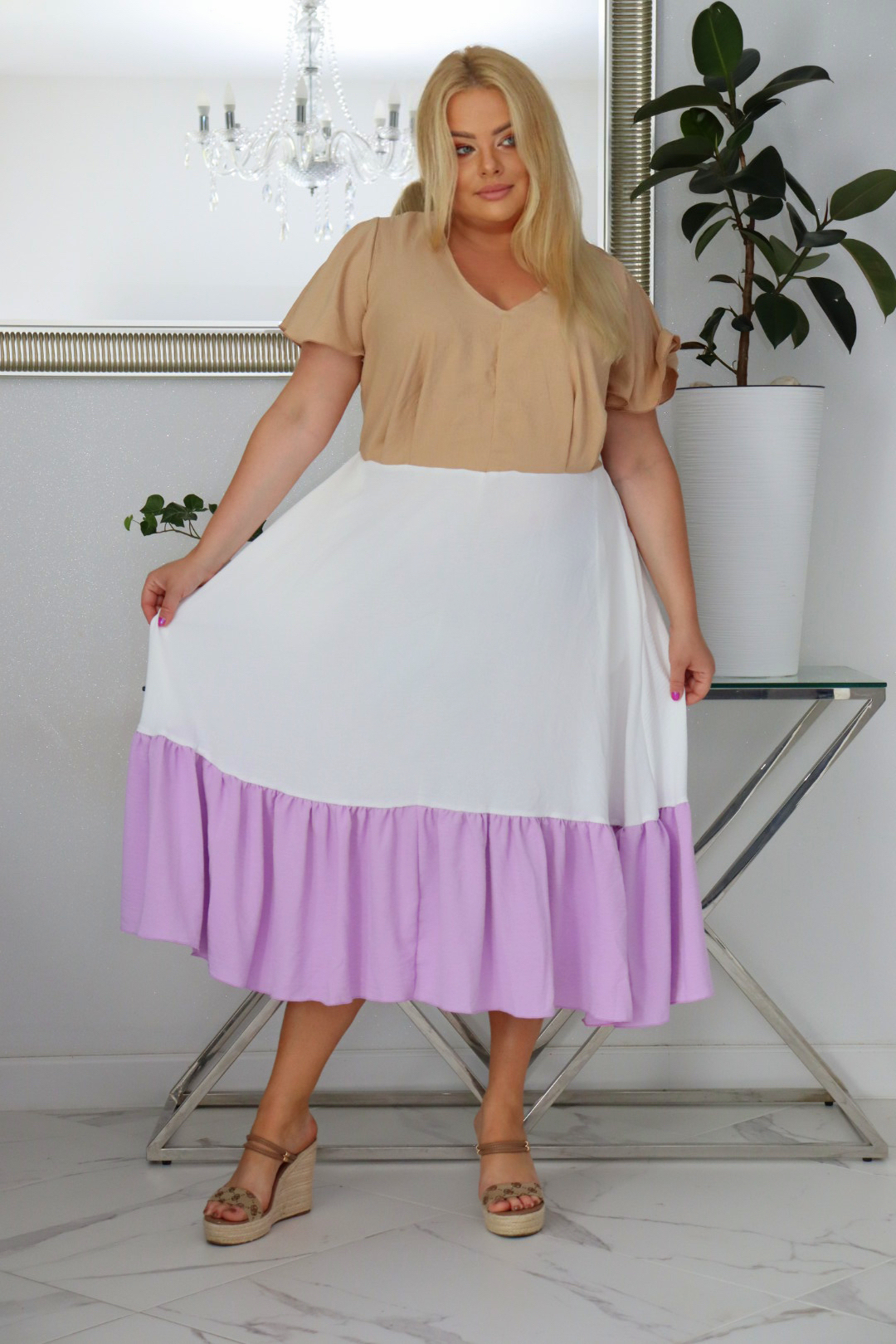 Sukienka DILETA 100% wiskoza NUDE+ECRU+LILIA NATURALNY SKŁAD - obrazek 4