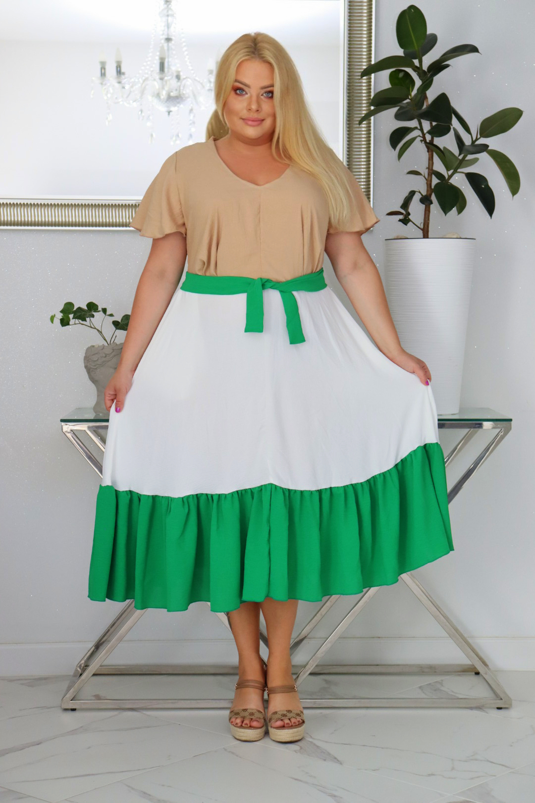 Sukienka DILETA 100% wiskoza NUDE+ECRU+ZIELONA NATURALNY SKŁAD - obrazek 3