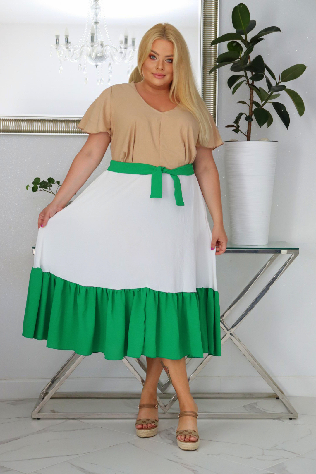 Sukienka DILETA 100% wiskoza NUDE+ECRU+ZIELONA NATURALNY SKŁAD