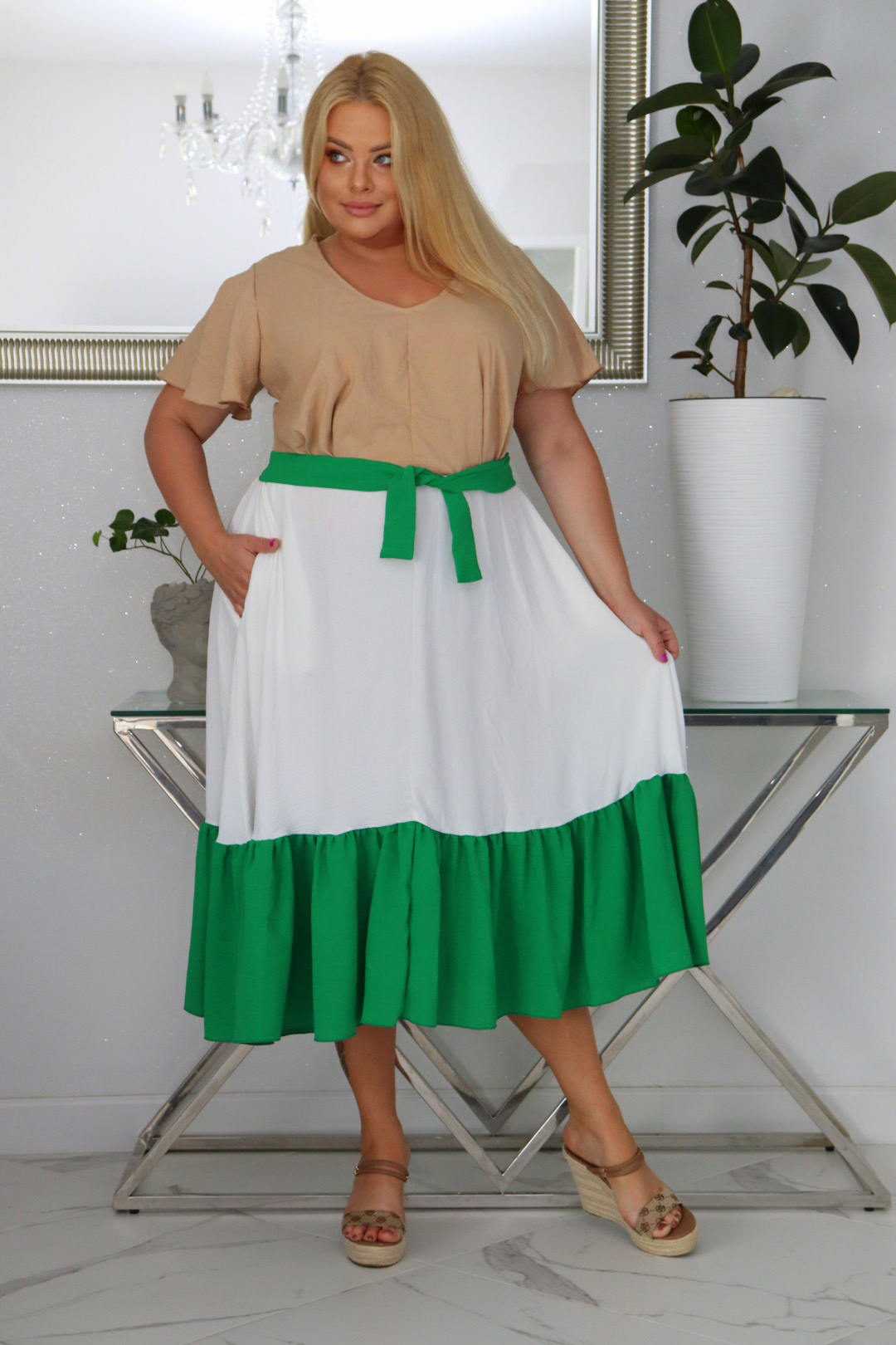 Sukienka DILETA 100% wiskoza NUDE+ECRU+ZIELONA NATURALNY SKŁAD - obrazek 4