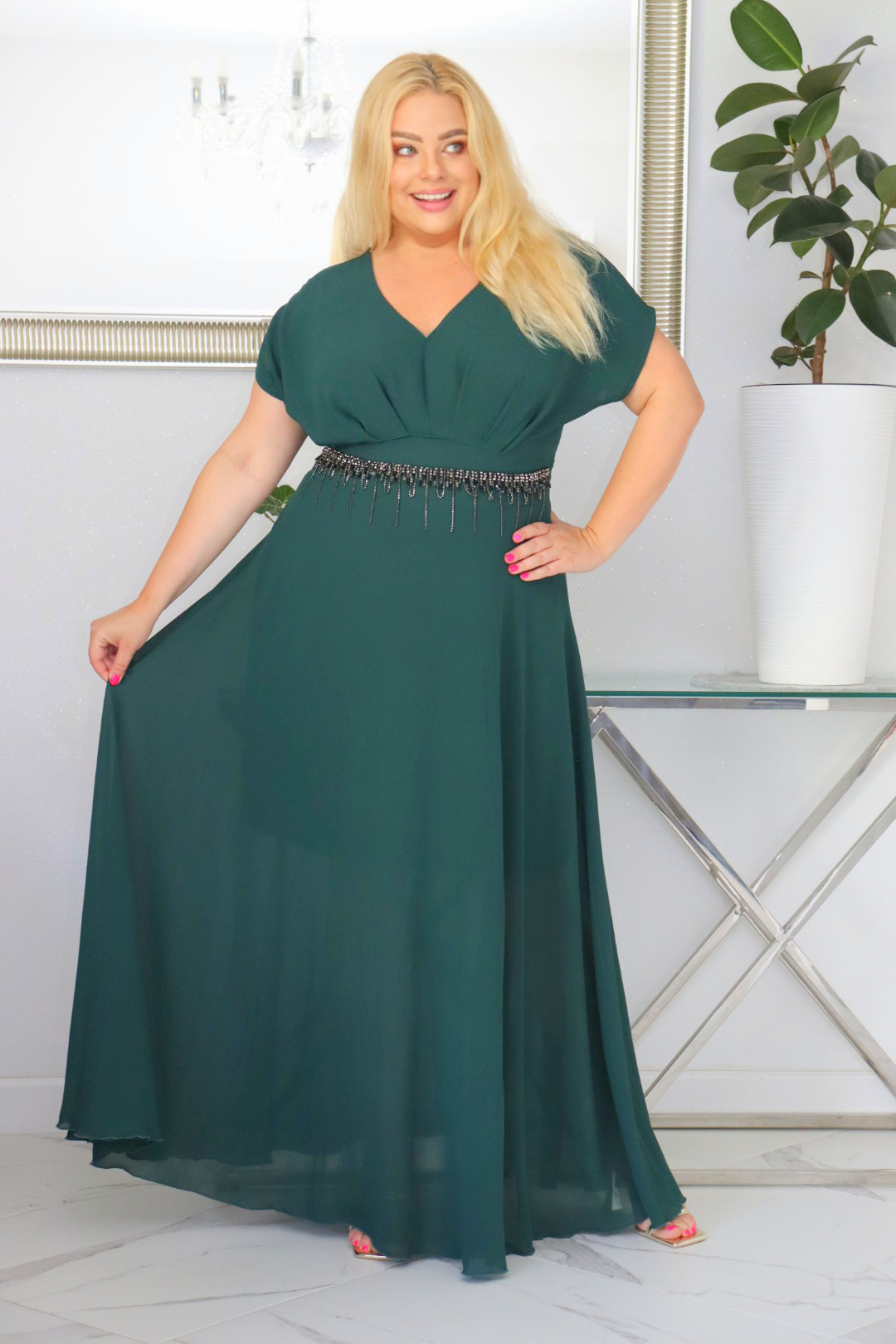 Sukienka MELISA rozkloszowana long wieczorowa dekolt zakładki BUTELKOWA ZIELEŃ