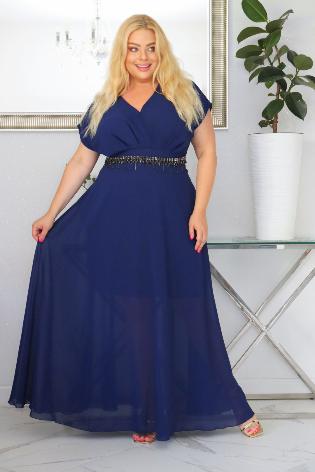 Sukienka MELISA rozkloszowana long wieczorowa dekolt zakładki GRANATOWA