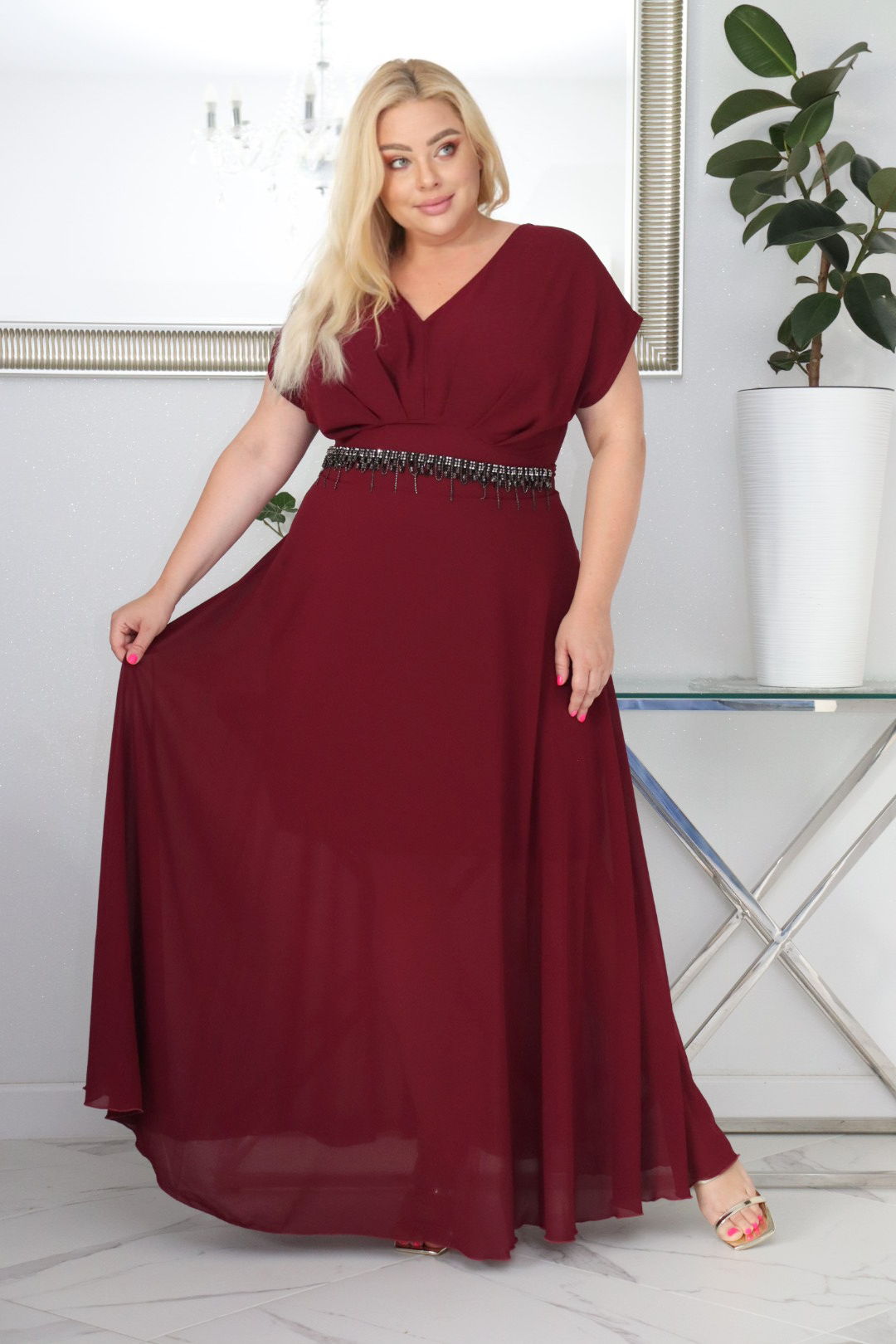 Absolutna IKONA STYLU 💖 Długa MELISA z kryształowym akcentem w talii ✨ BORDOWA ! - obrazek 4