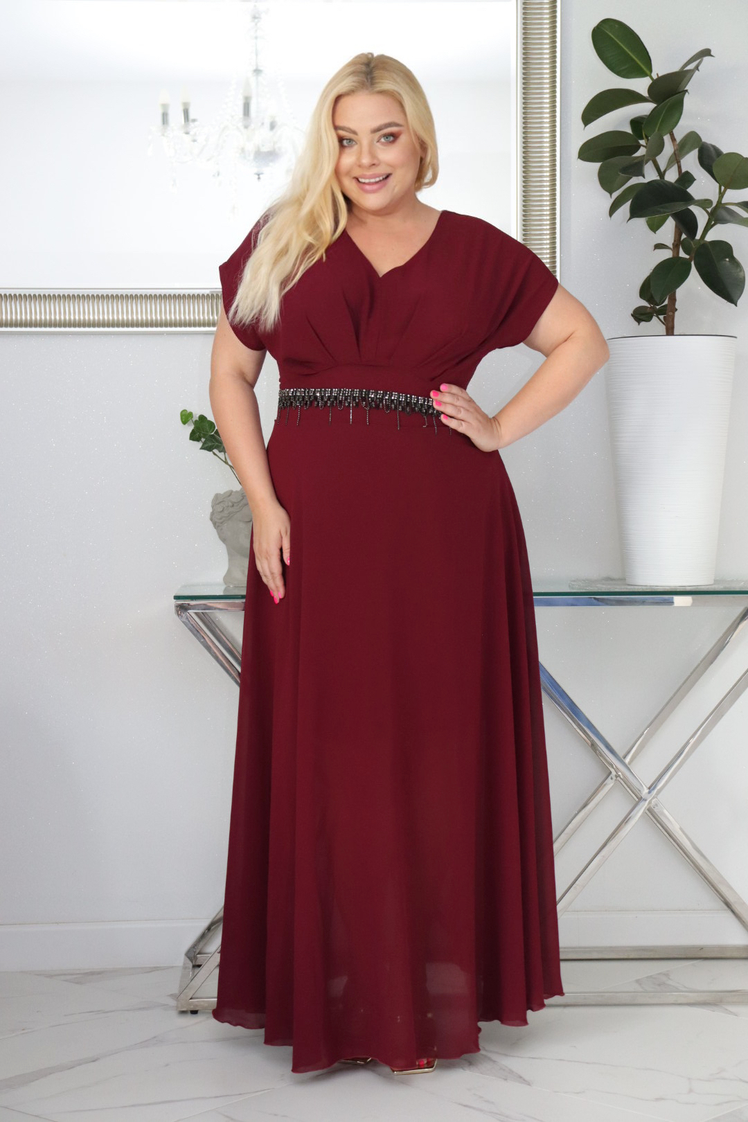 Absolutna IKONA STYLU 💖 Długa MELISA z kryształowym akcentem w talii ✨ BORDOWA !