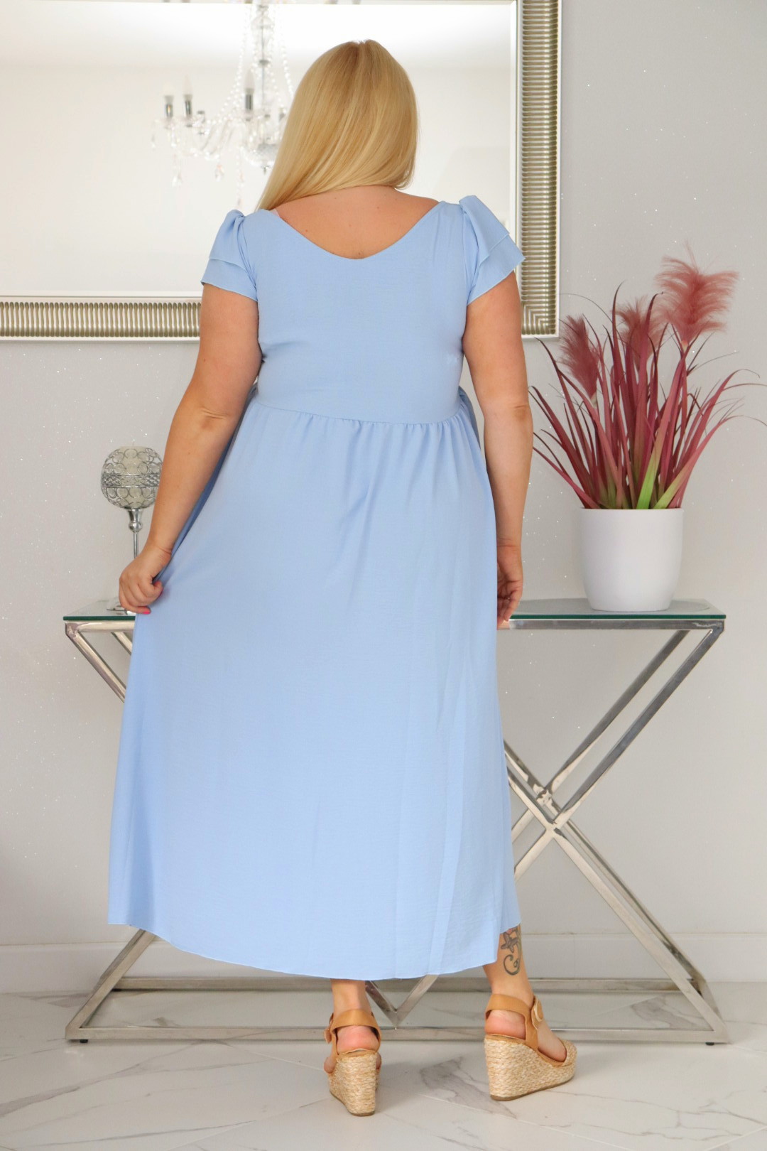 Sukienka ESTERA trapezowa 100% wiskoza BŁĘKITNA NATURALNY SKŁAD - obrazek 6