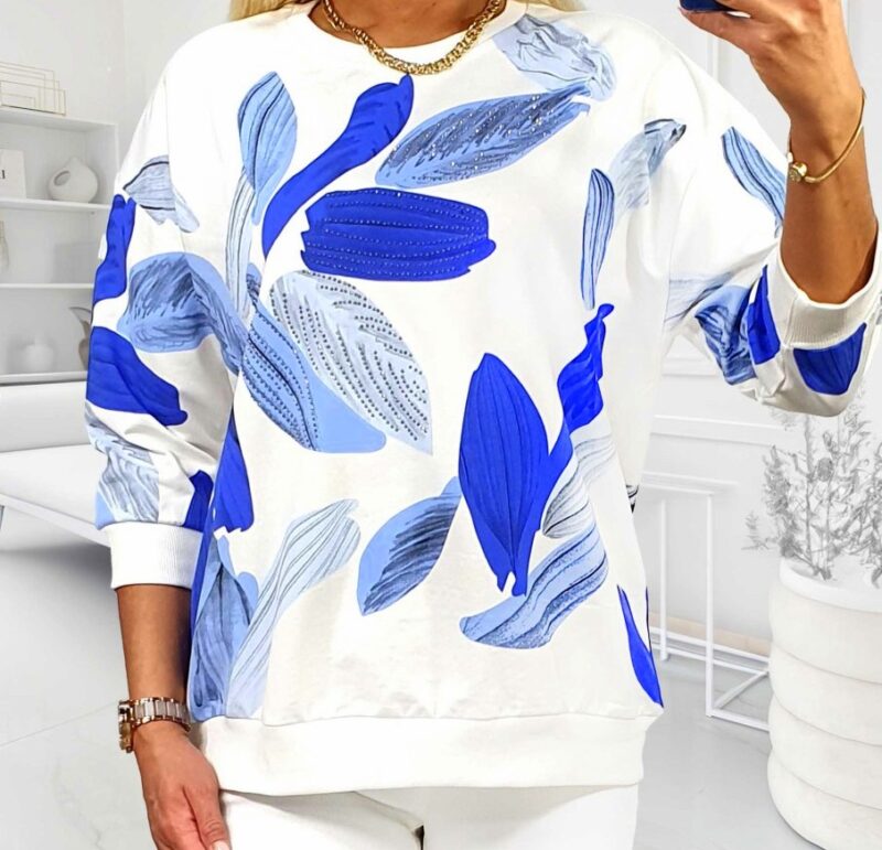 Tunika BLUZA bawełna 100% biała z niebieskimi liściami
