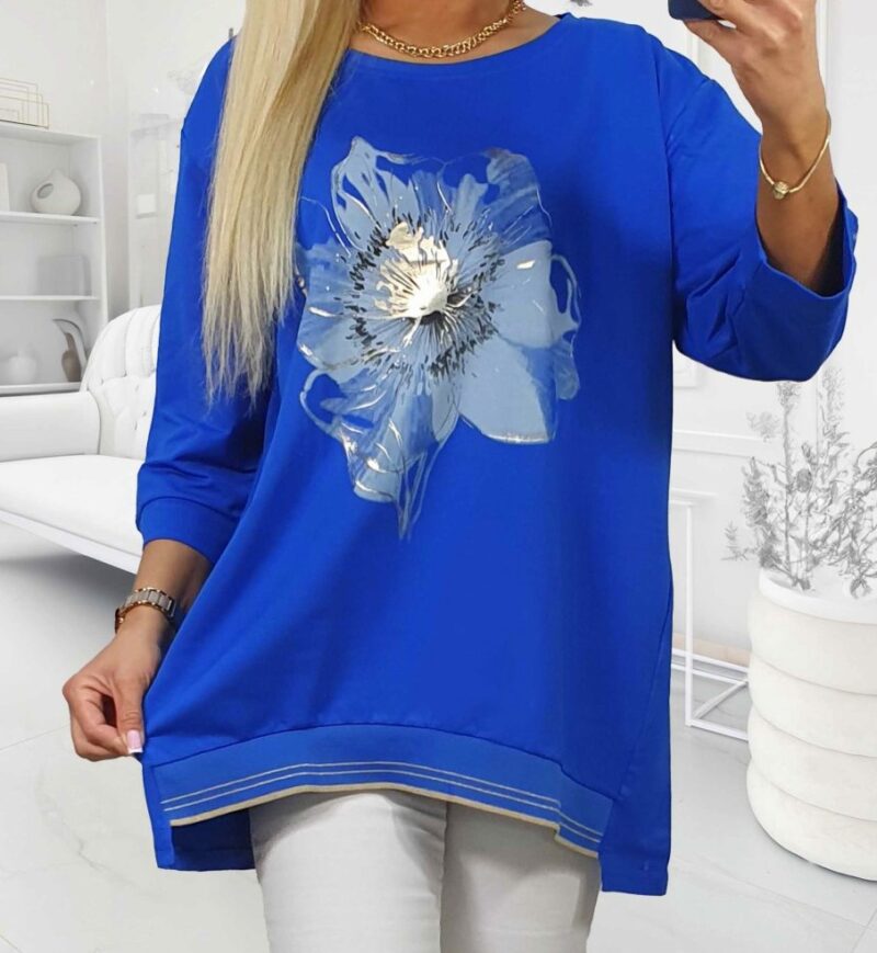 Tunika BLUZA bawełna 100% chabrowa z kwiatem
