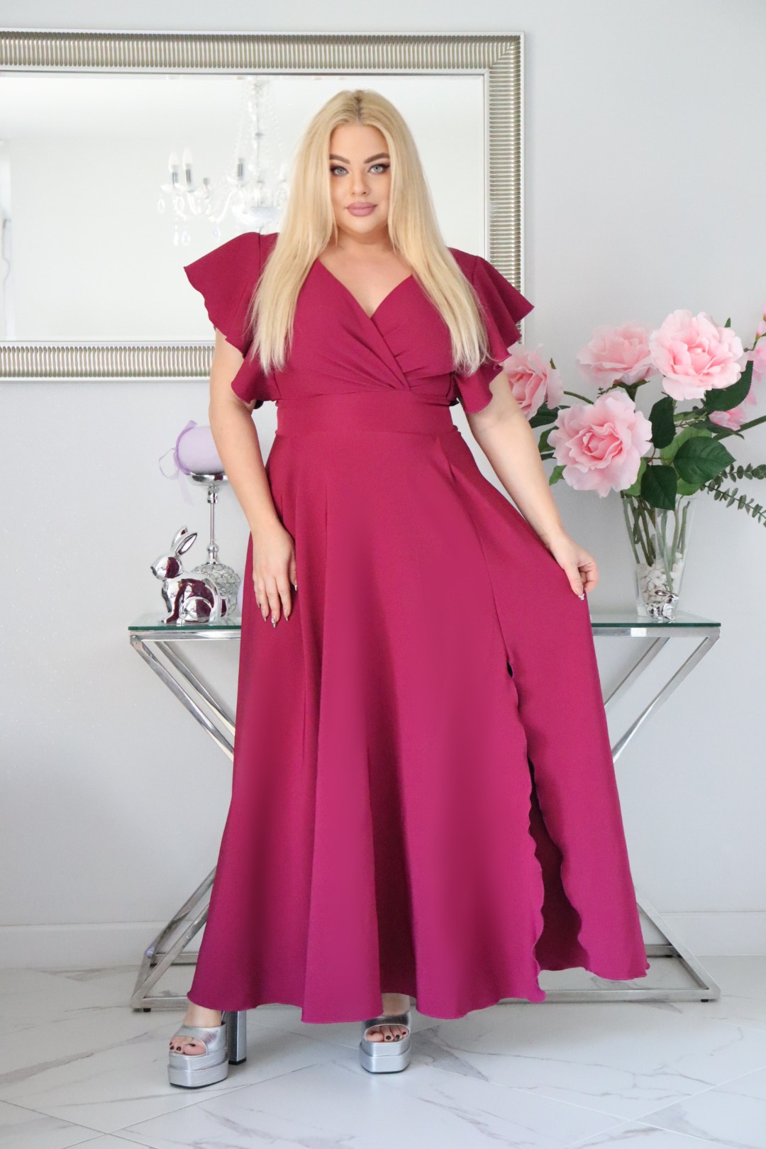 Sukienka Colette rozkloszowana kopertowy dekolt - Zanim kupisz, zobacz film, który pokazuje jak pięknie się układa. FUKSJA - obrazek 3