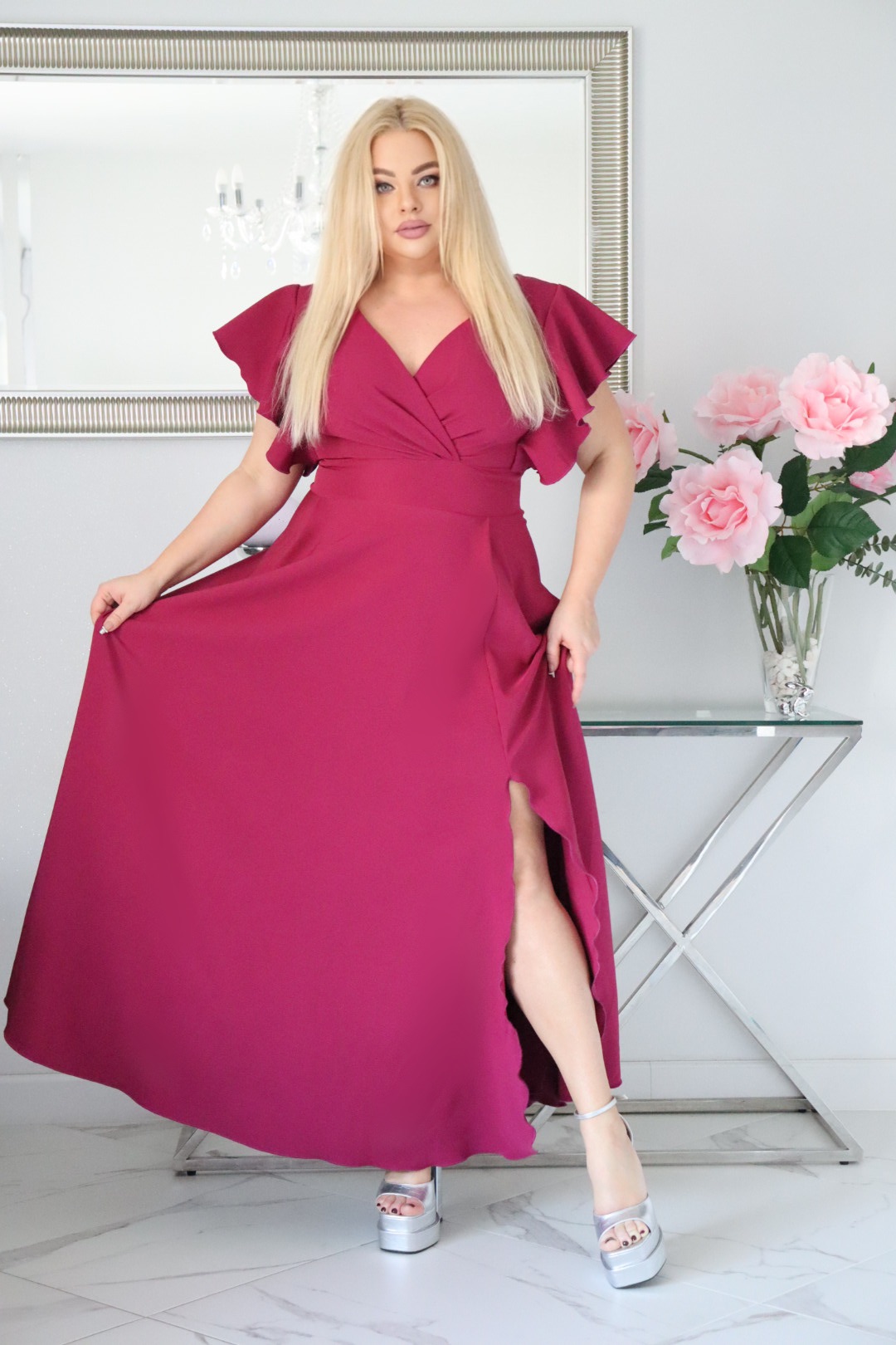 Sukienka Colette rozkloszowana kopertowy dekolt - Zanim kupisz, zobacz film, który pokazuje jak pięknie się układa. FUKSJA