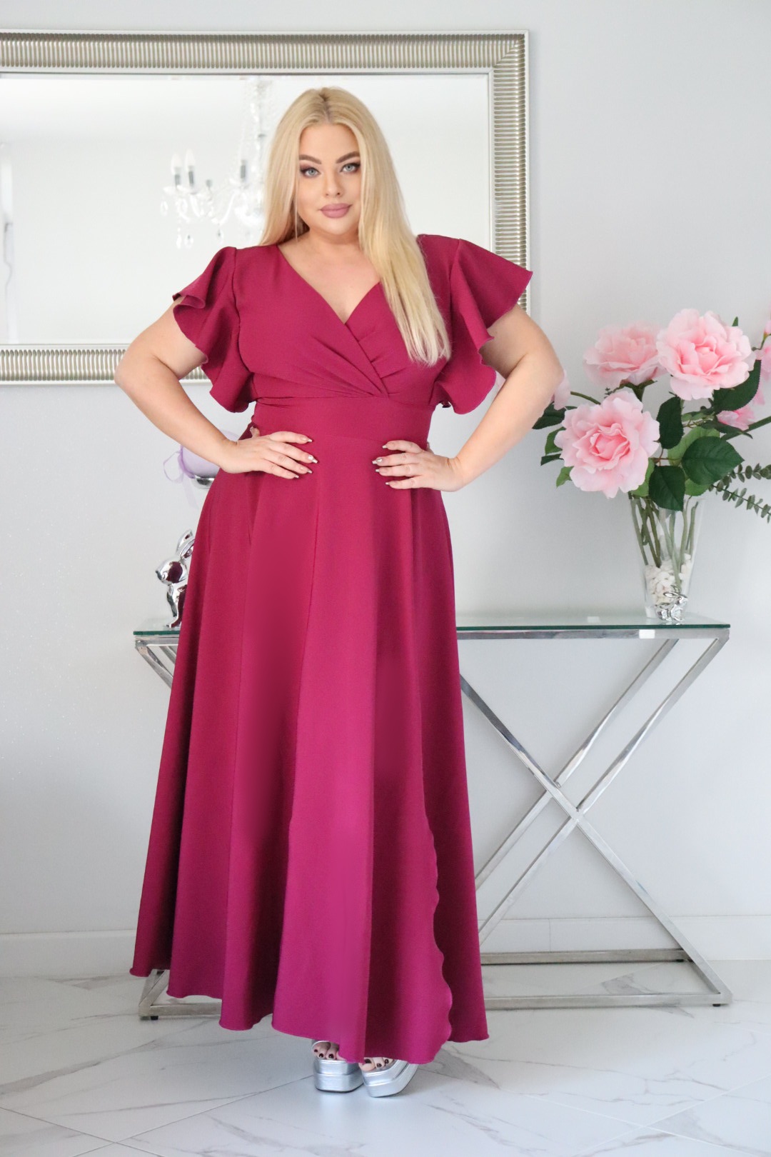 Sukienka Colette rozkloszowana kopertowy dekolt - Zanim kupisz, zobacz film, który pokazuje jak pięknie się układa. FUKSJA - obrazek 4