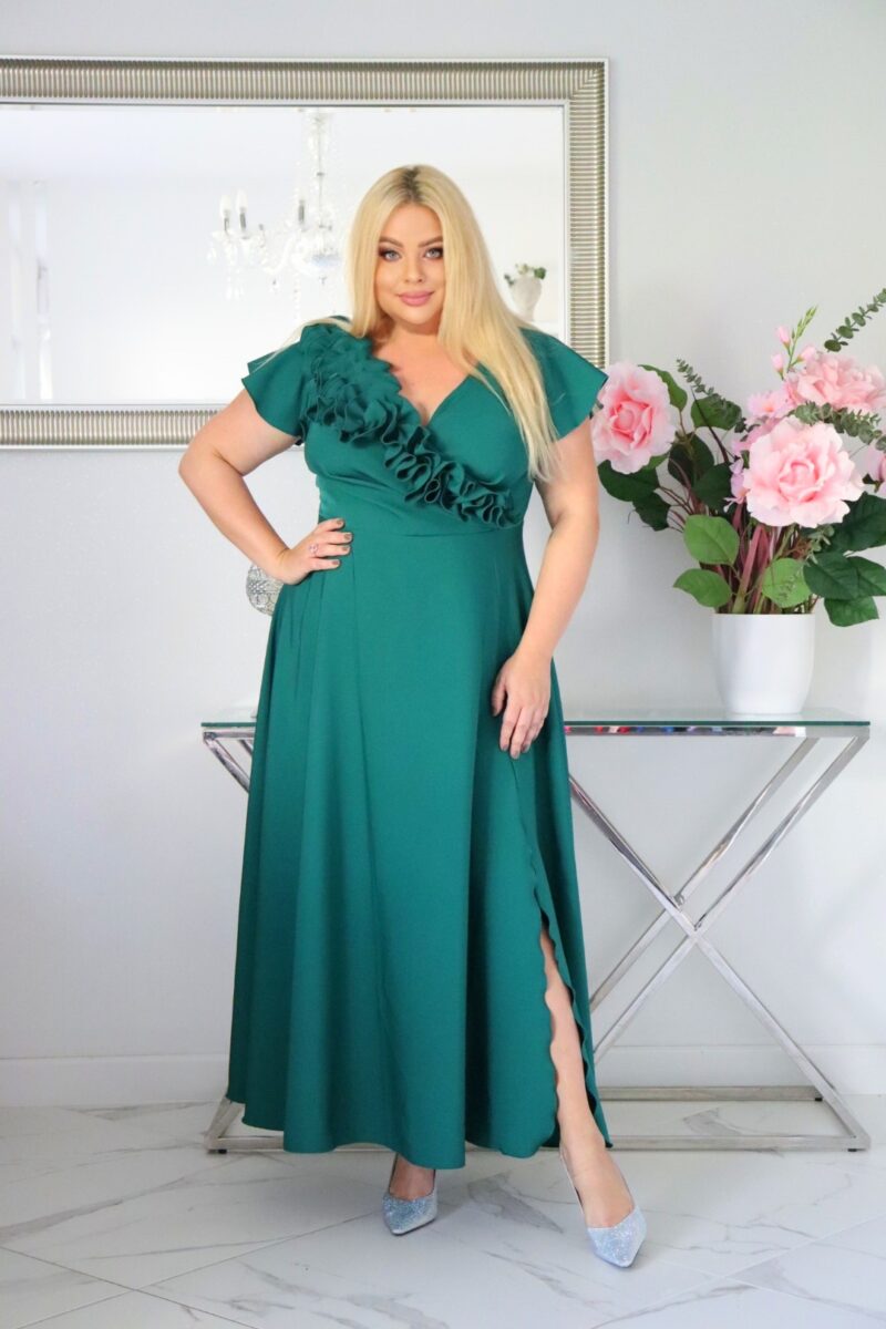Olśniewająca sukienka "Frezja" z kwiecistą falbaną i rozkloszowanym dołem gwarantuje spektakularny "efekt glamour"! BUTELKOWA ZIELEŃ