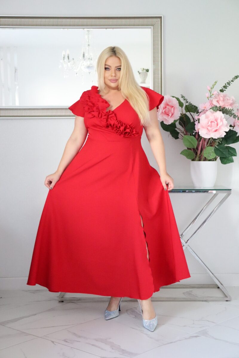 Olśniewająca sukienka "Frezja" z kwiecistą falbaną i rozkloszowanym dołem gwarantuje spektakularny "efekt glamour"! CZERWONA - obrazek 4