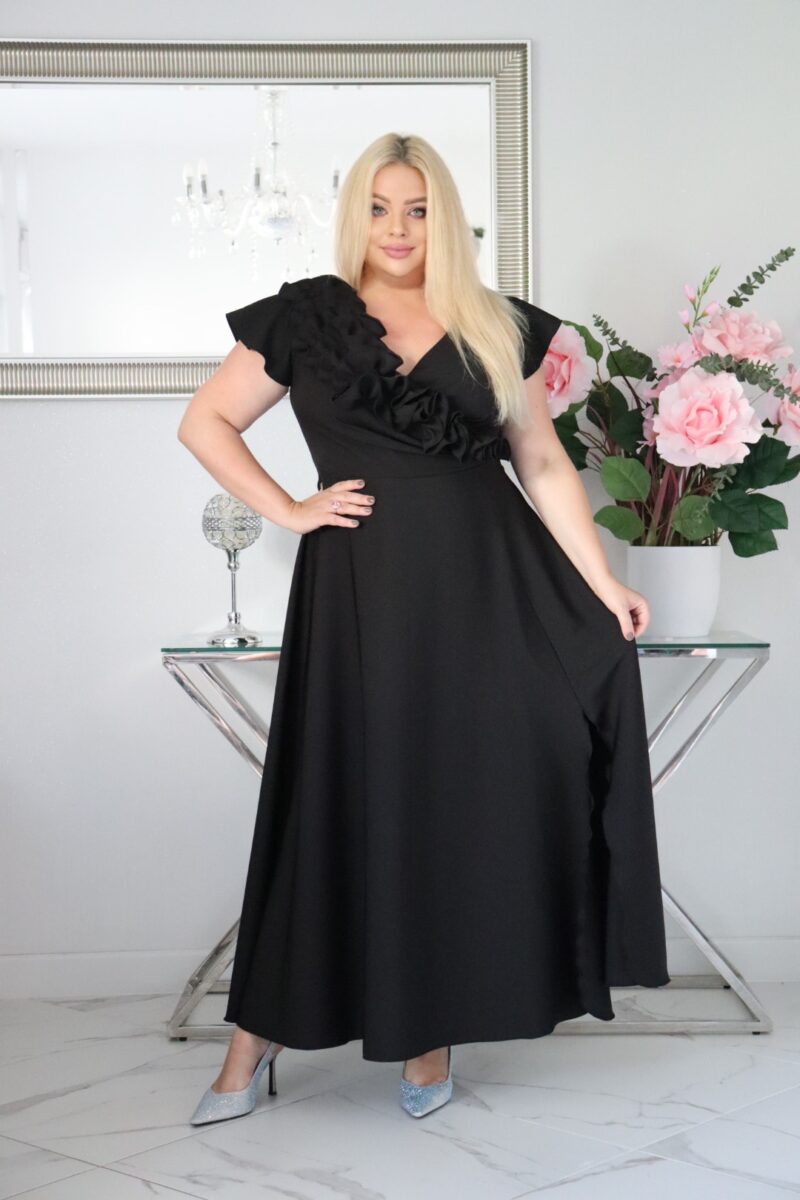 Olśniewająca sukienka "Frezja" z kwiecistą falbaną i rozkloszowanym dołem gwarantuje spektakularny "efekt glamour"! CZARNA - obrazek 3