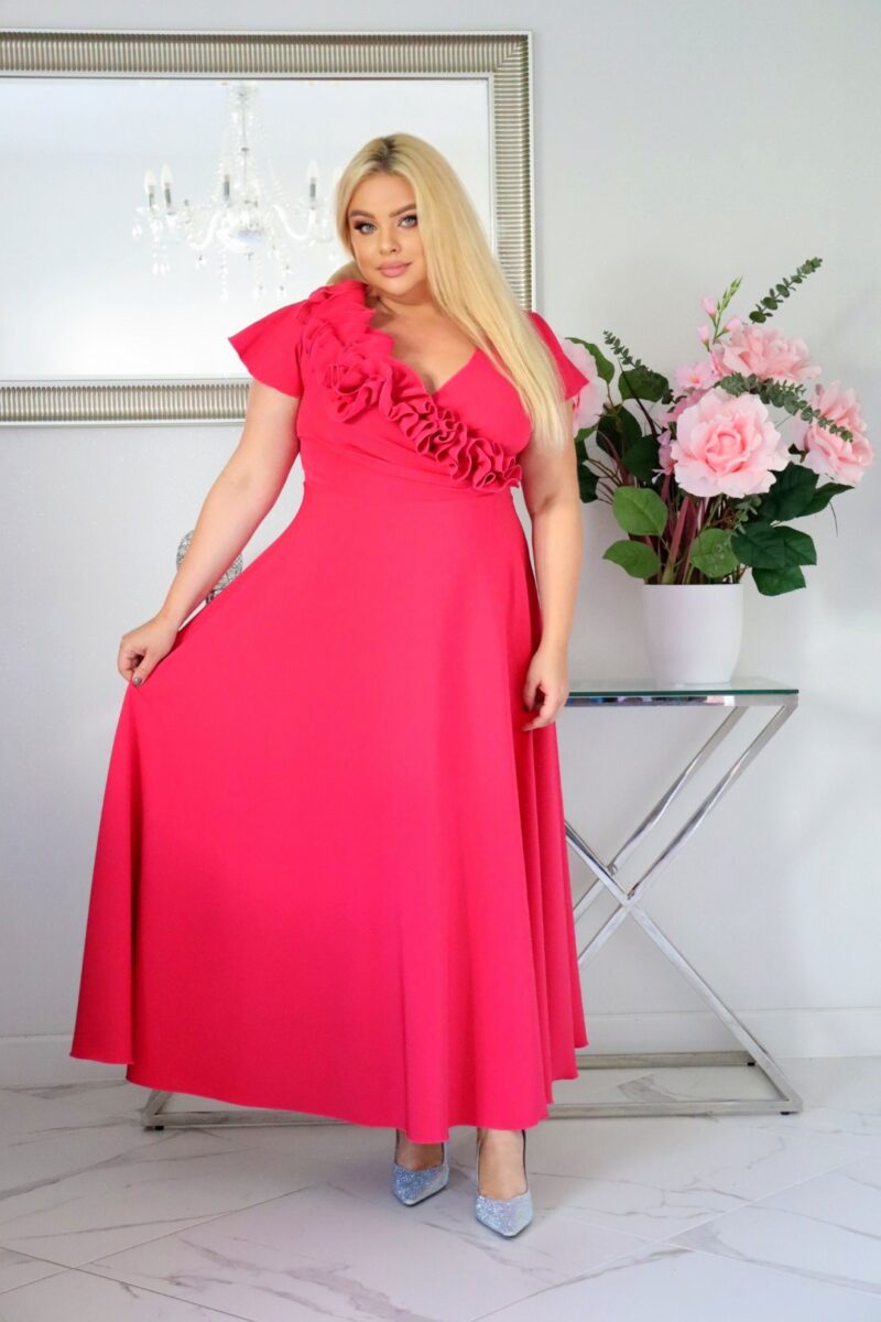 Olśniewająca sukienka "Frezja" z kwiecistą falbaną i rozkloszowanym dołem gwarantuje spektakularny "efekt glamour"! AMARANTOWA - obrazek 4