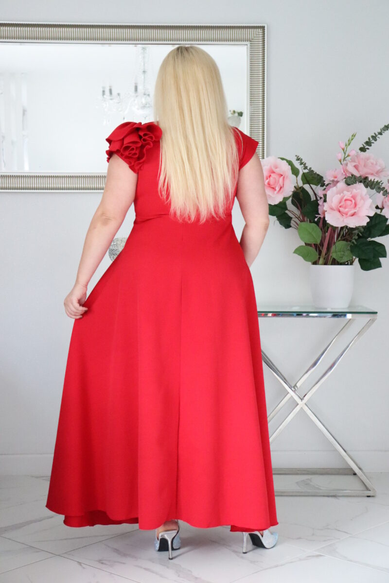 Olśniewająca sukienka "Orchidea" z kwiecistą falbaną i rozkloszowanym dołem gwarantuje spektakularny "efekt glamour"! CZERWONA - obrazek 6