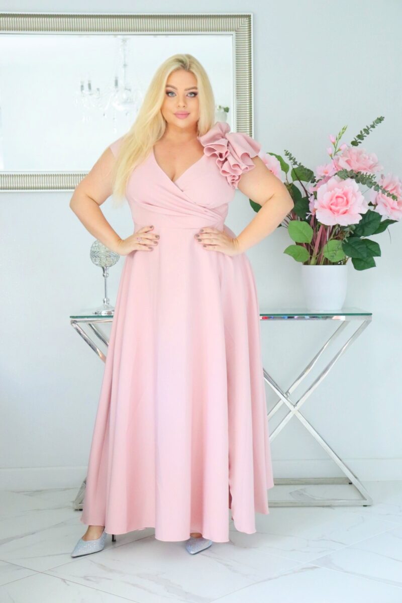 Olśniewająca sukienka "Orchidea" z kwiecistą falbaną i rozkloszowanym dołem gwarantuje spektakularny "efekt glamour"! PUDROWY RÓŻ - obrazek 4