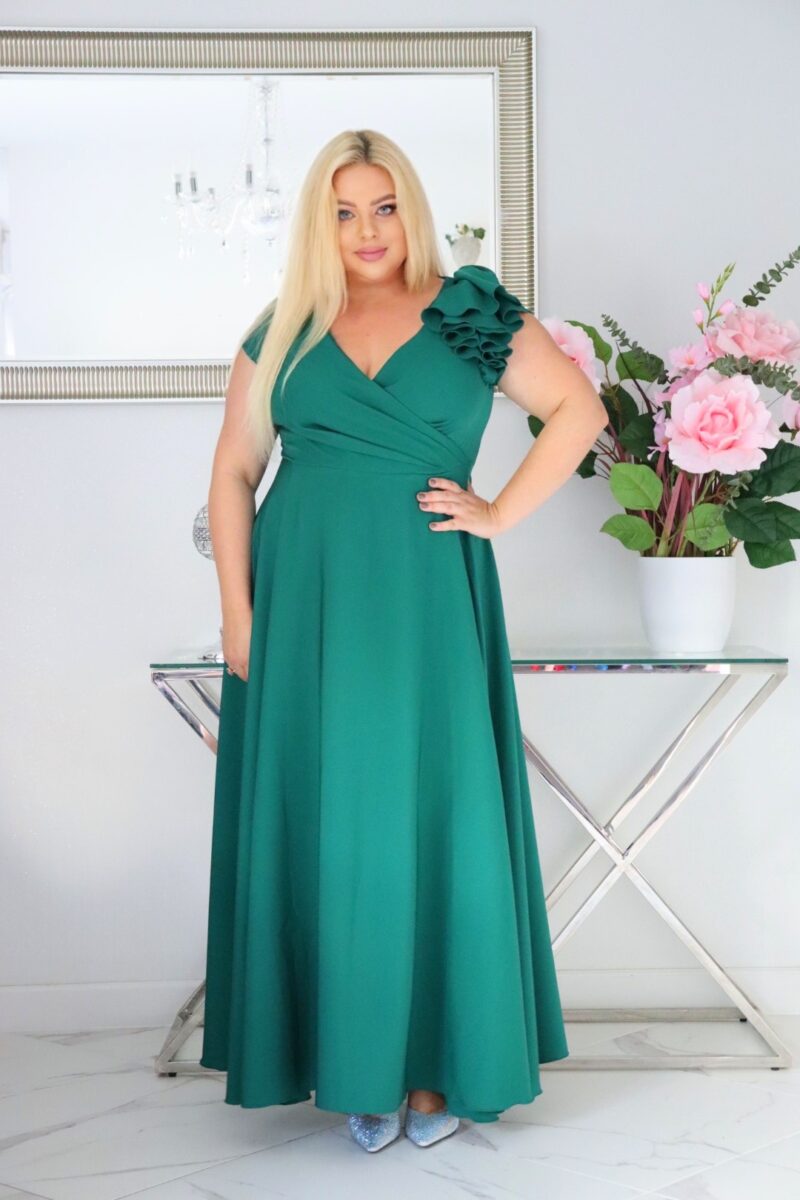 Olśniewająca sukienka "Orchidea" z kwiecistą falbaną i rozkloszowanym dołem gwarantuje spektakularny "efekt glamour"! BUTELKOWA ZIELEŃ - obrazek 4