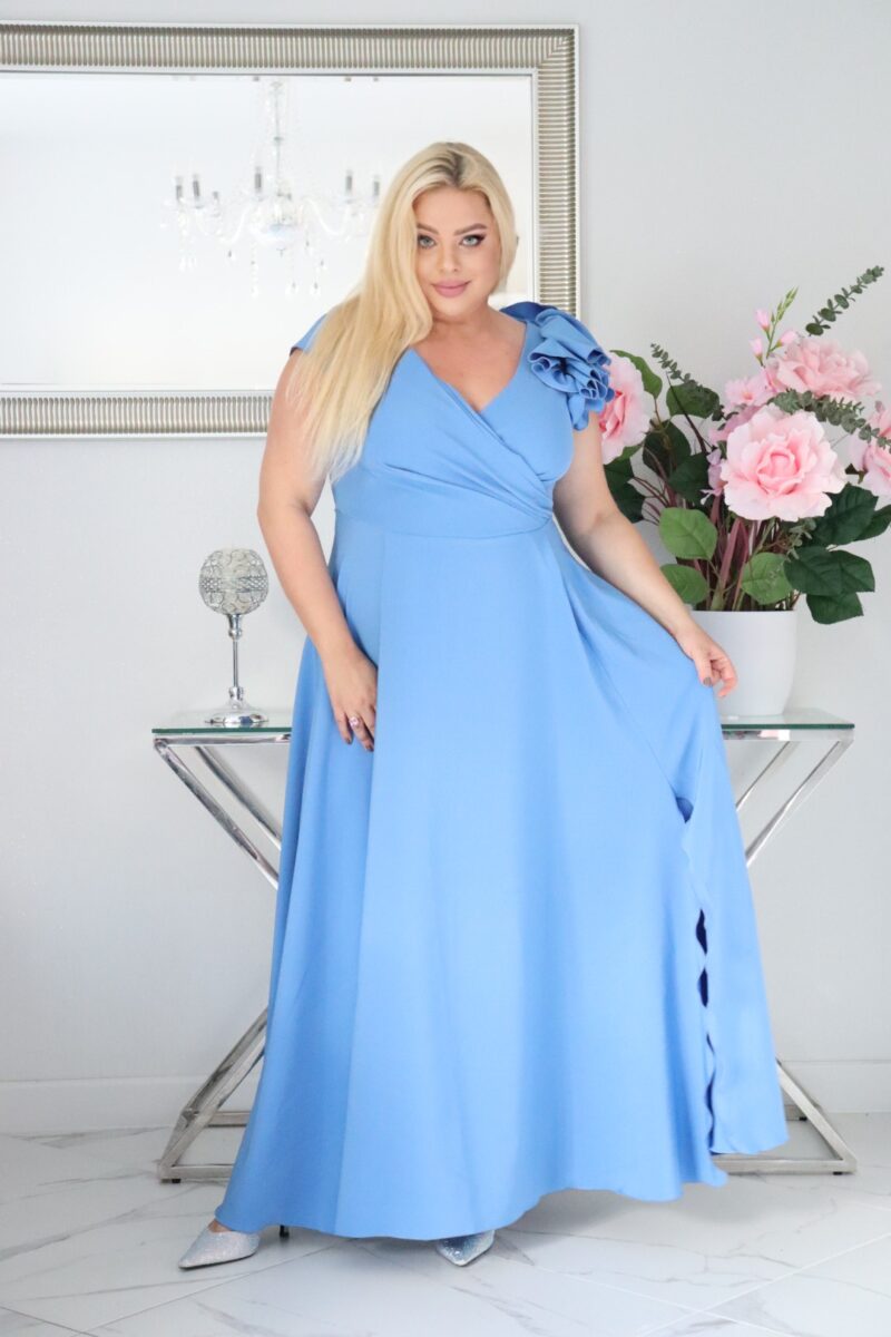 Olśniewająca sukienka "Orchidea" z kwiecistą falbaną i rozkloszowanym dołem gwarantuje spektakularny "efekt glamour"! NIEBIESKA - obrazek 3