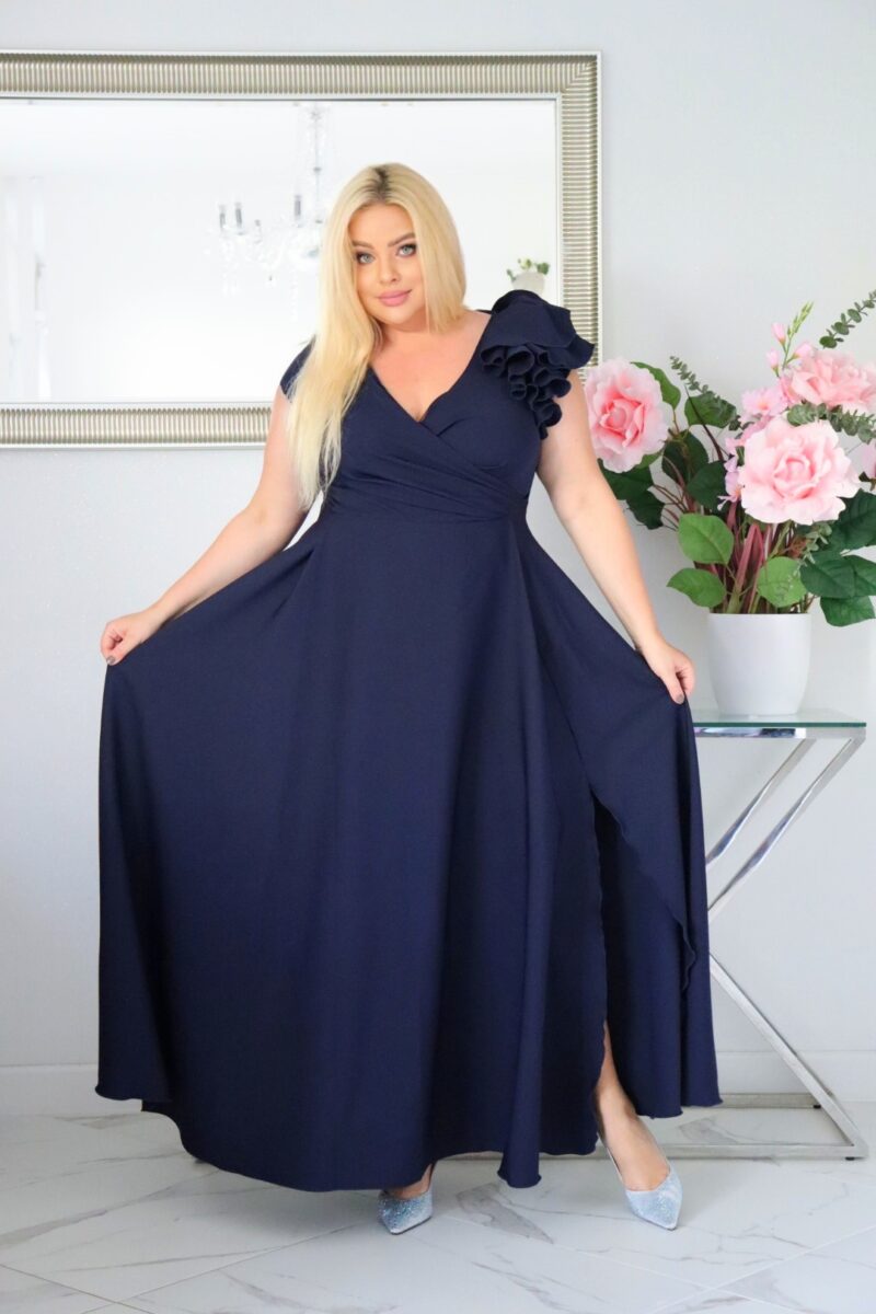 Olśniewająca sukienka "Orchidea" z kwiecistą falbaną i rozkloszowanym dołem gwarantuje spektakularny "efekt glamour"! GRANATOWA - obrazek 4