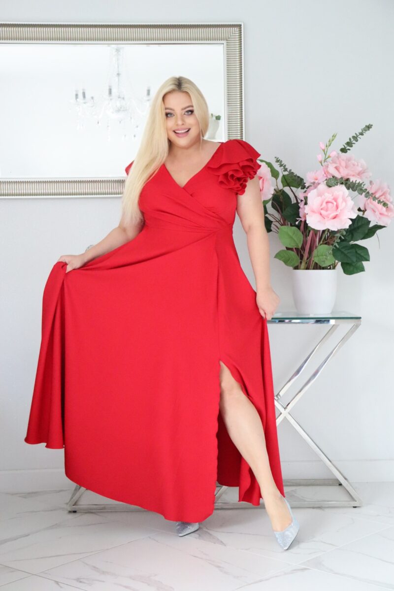 Olśniewająca sukienka "Orchidea" z kwiecistą falbaną i rozkloszowanym dołem gwarantuje spektakularny "efekt glamour"! CZERWONA