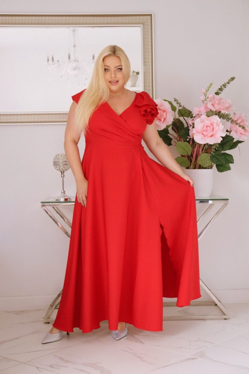 Olśniewająca sukienka "Orchidea" z kwiecistą falbaną i rozkloszowanym dołem gwarantuje spektakularny "efekt glamour"! CZERWONA - obrazek 4