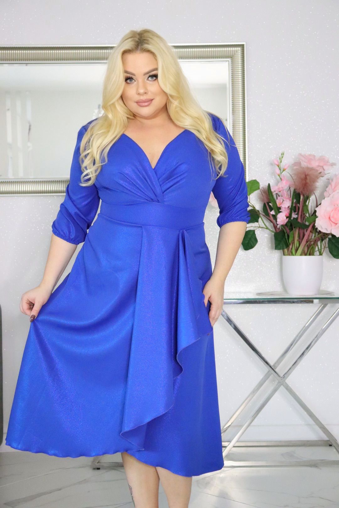 Elegancka sukienka koktajlowa MARTINA – fason kopertowy, lekki połysk! CHABROWA! - obrazek 2