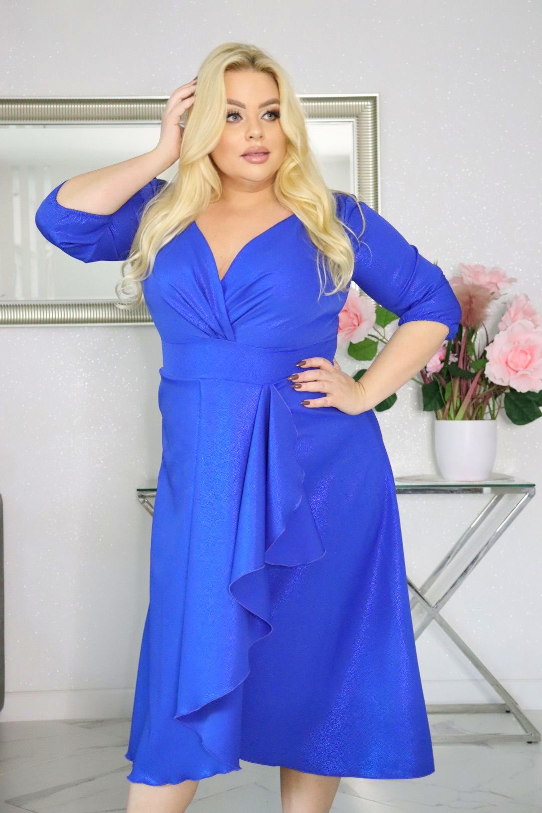 Elegancka sukienka koktajlowa MARTINA – fason kopertowy, lekki połysk! CHABROWA! - obrazek 4