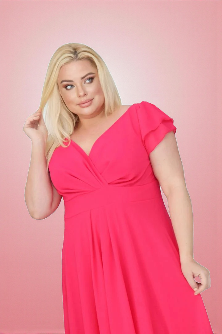 Sukienka rozkloszowana zwiewna z szyfonu kopertowy dekolt amarant A016 - obrazek 2