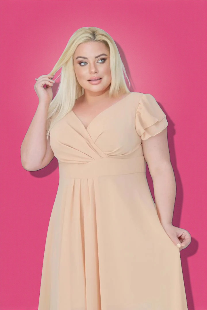 Sukienka rozkloszowana zwiewna z szyfonu kopertowy dekolt nude A016 - obrazek 2